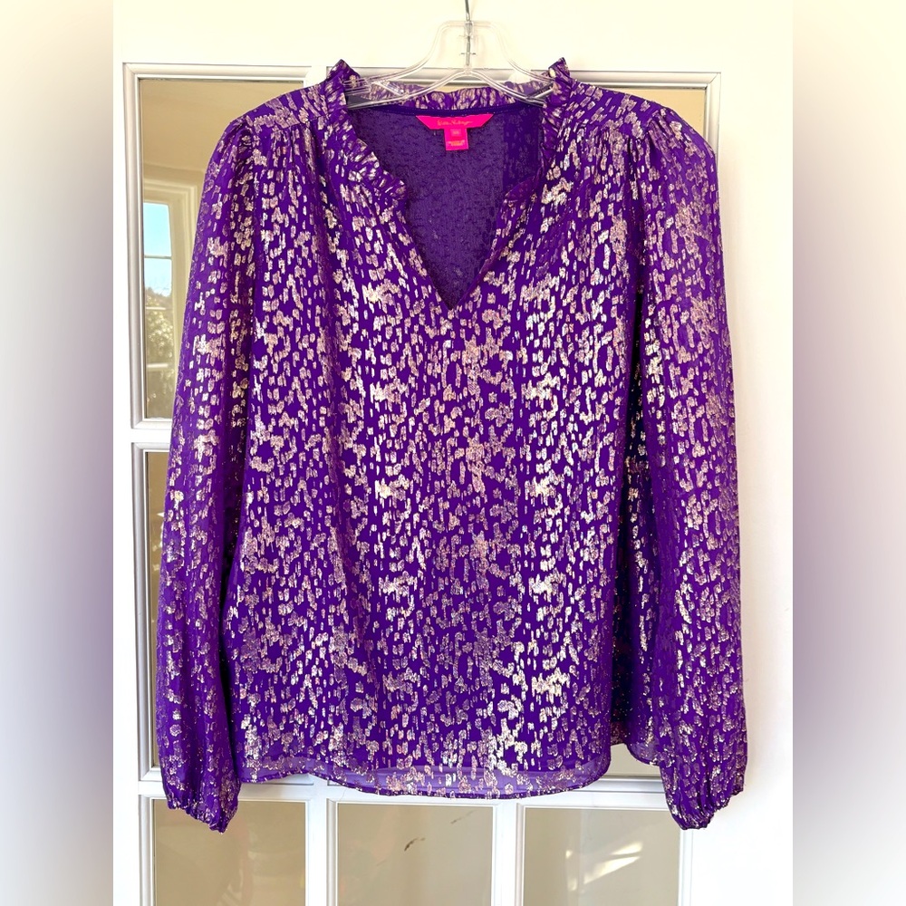 Lilly Pulitzer Gianna Silk Top Concord Purple Wildside Metallic Clip Size 2
